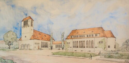 Zeichnung der geplanten Kirche mit Gemeinde- und Pfarrhaus